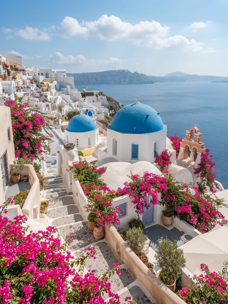 White cliffs and blue domes in Greece